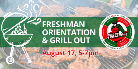 Graphic shows upcoming Freshman Orientation Grill Out