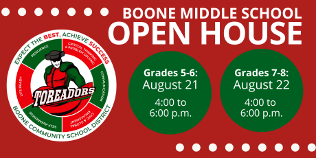 Graphic shows Boone Middle School Open House dates