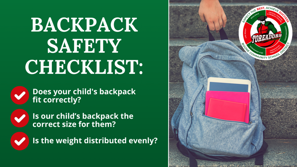 Graphic shows checklist for backpack safety. 